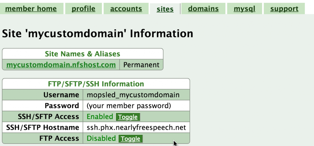 NearlyFreeSpeech.net dashboard