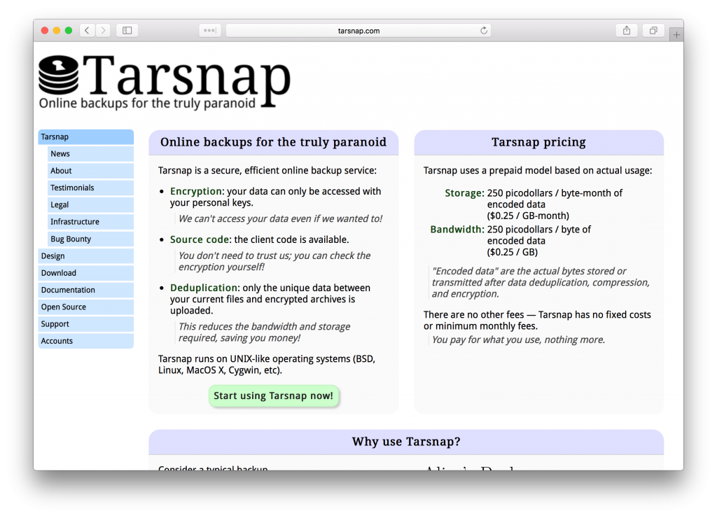 Tarsnap homepage 